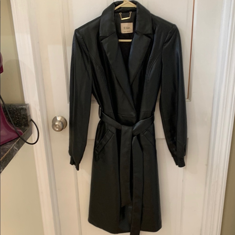 Elle Tahari Black Faux Leather Trench Coat with Belted Waist Brand New